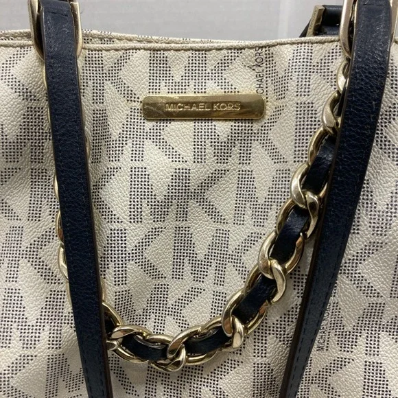 Michael Kors Harper MK‎ Signature Chain Tote Purse White/Blk With MK Wallet - Picture 10 of 16